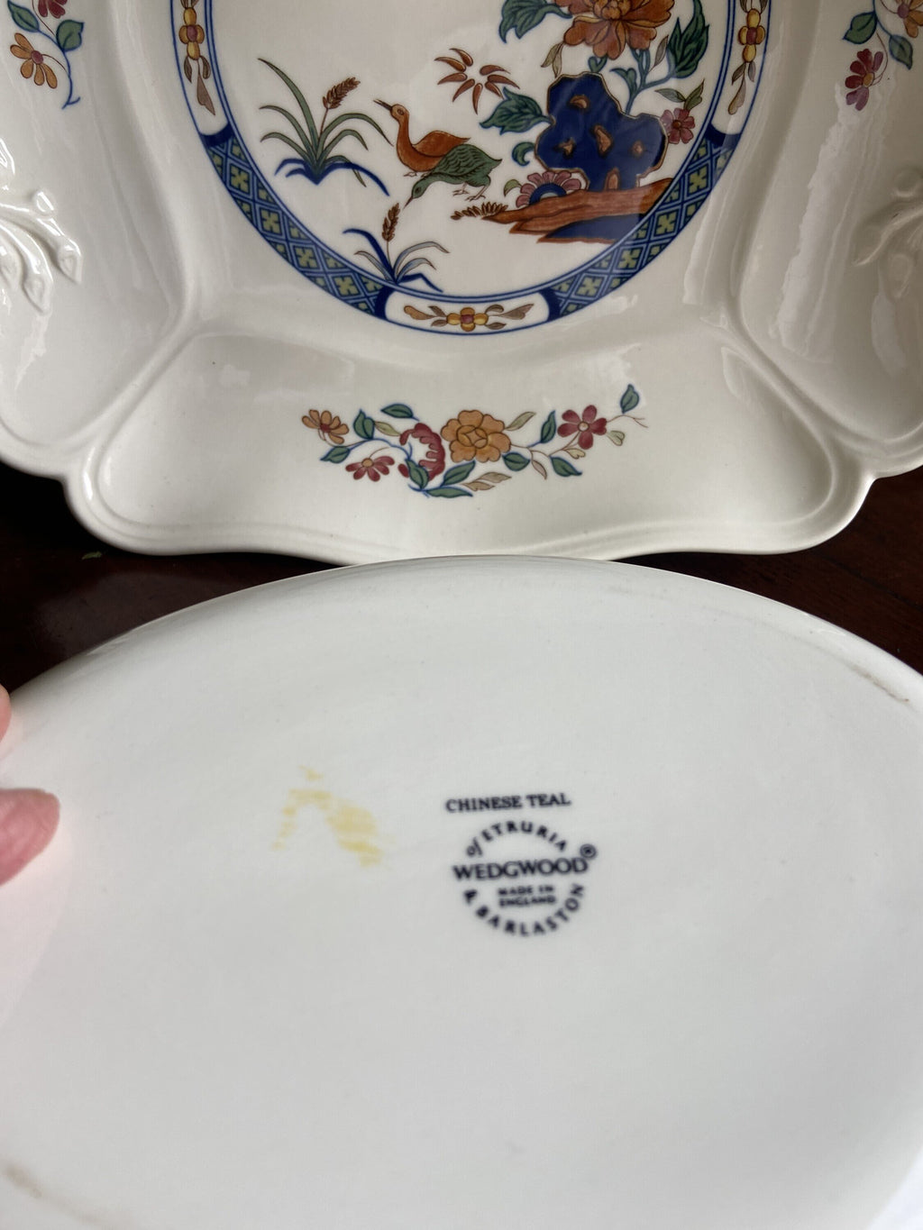 Fuente pastas cuadrada y bol en porcelana inglesa "Wedgwood".