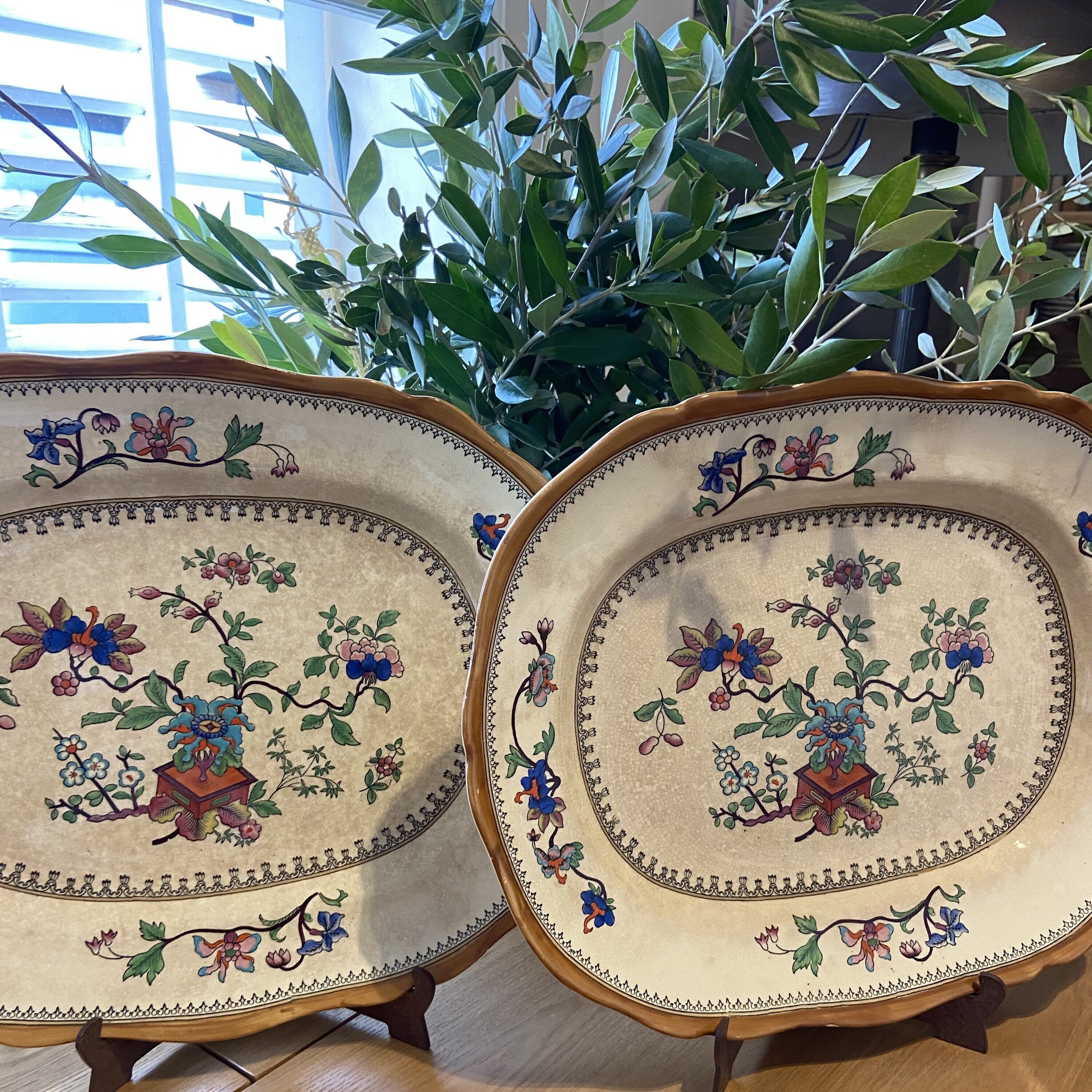 Pareja de fuentes medianas en loza inglesa "Coalport" Kings Ware
