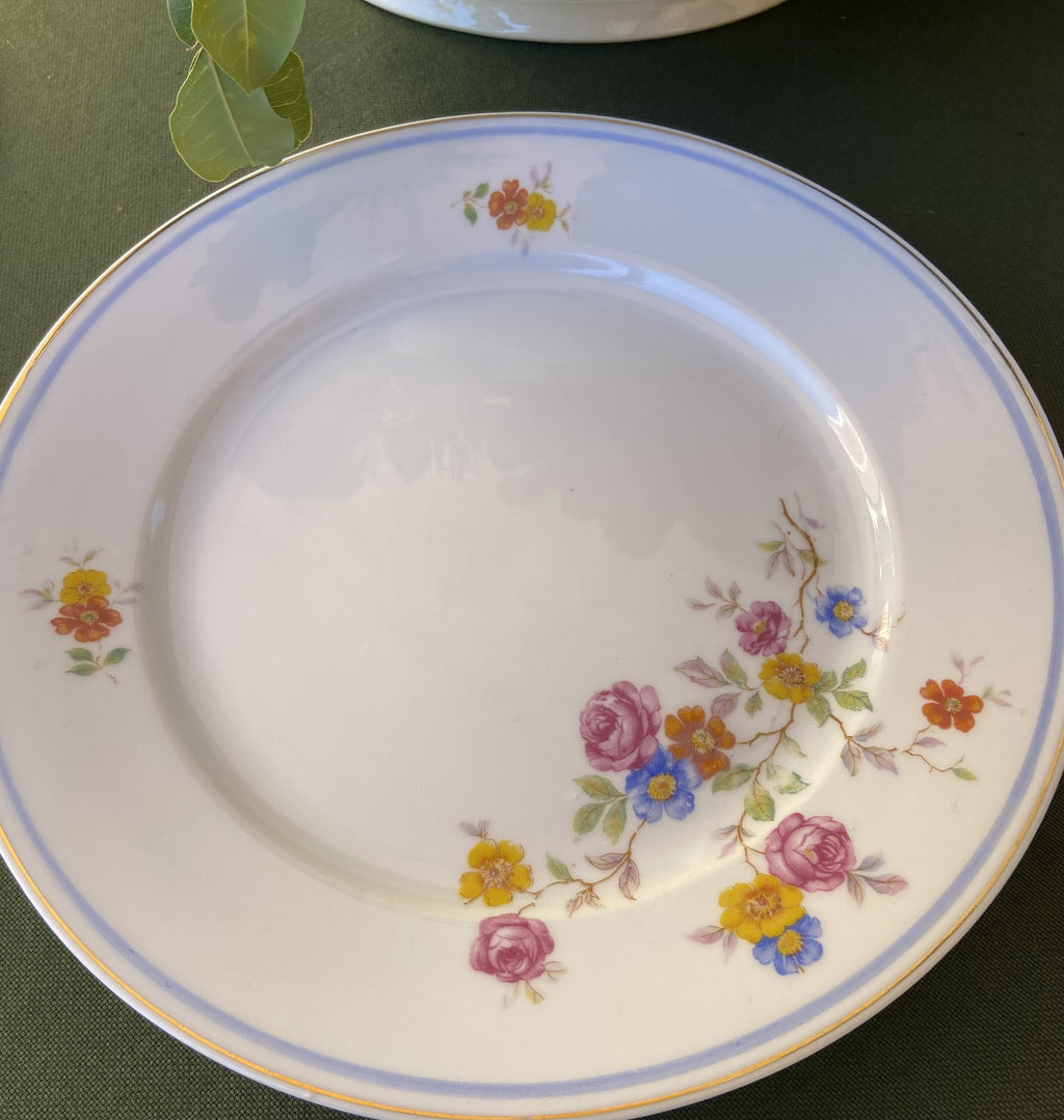 6 platos llanos con diferentes decorados y diferentes marcas.