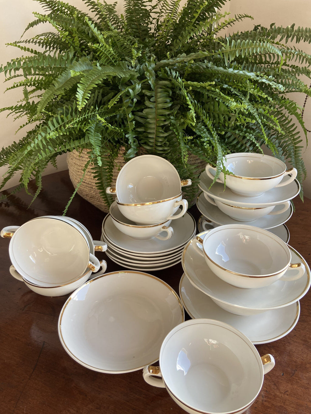 12 tazas de consomé en porcelana blanca con filo dorado