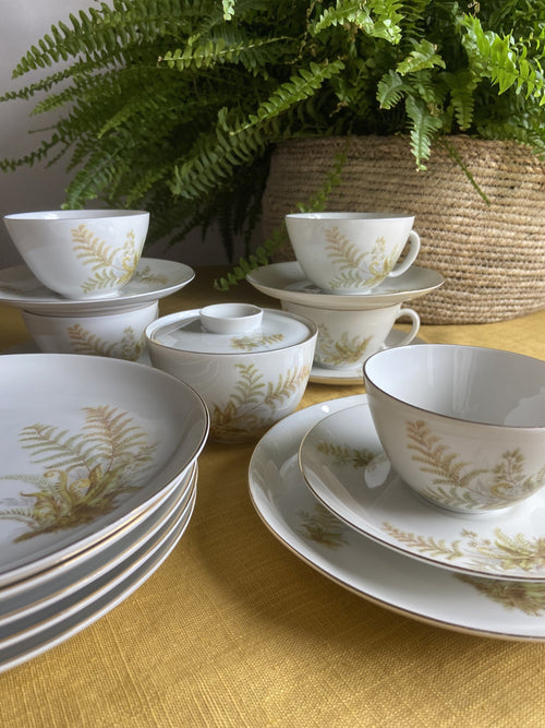 5 tazas de té/desayuno y 6 platos de merienda en porcelana suiza "Langenthal"