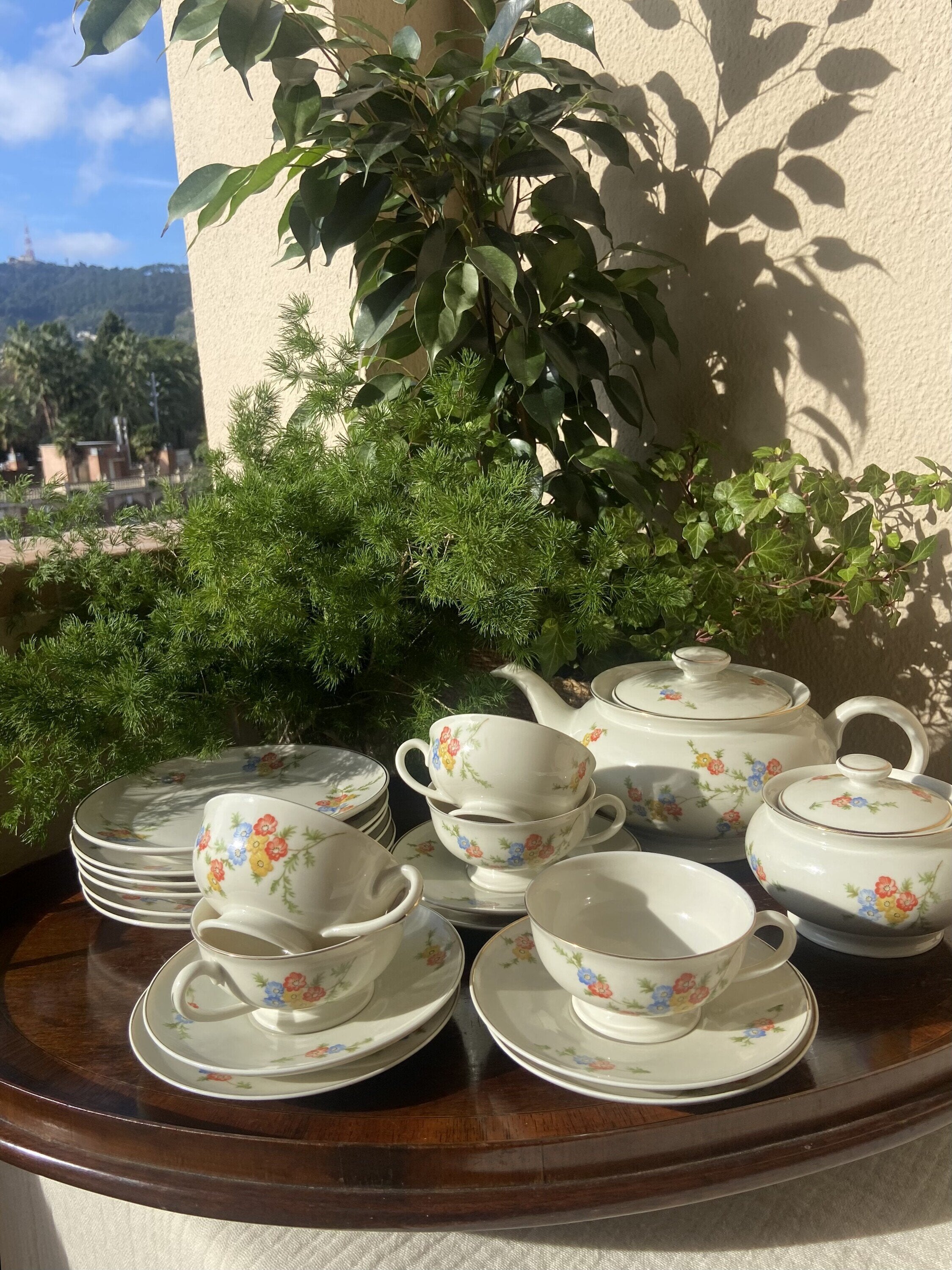 Juego de té y 6 platos de merienda en porcelana suiza "Langenthal"