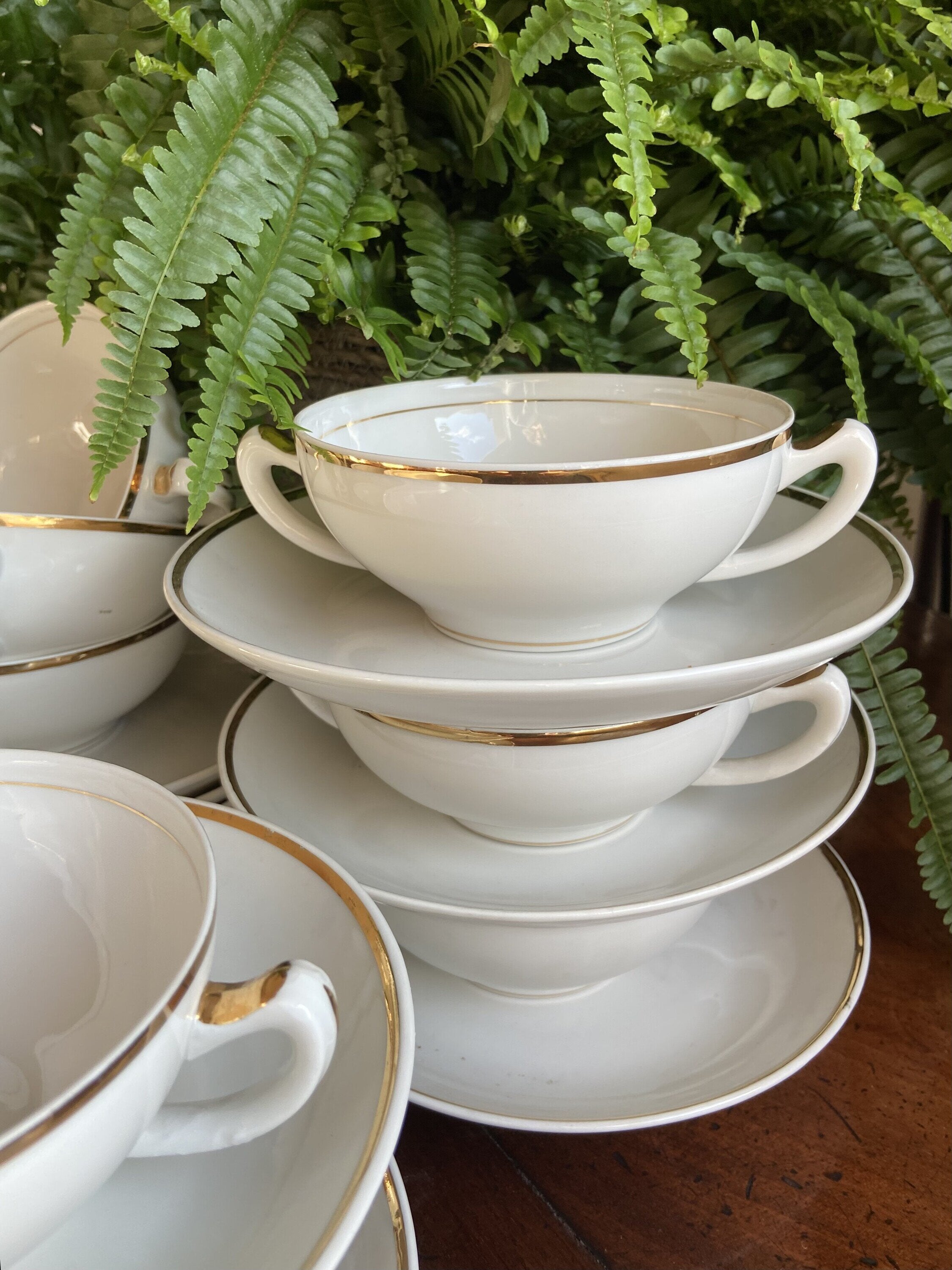12 tazas de consomé en porcelana blanca con filo dorado