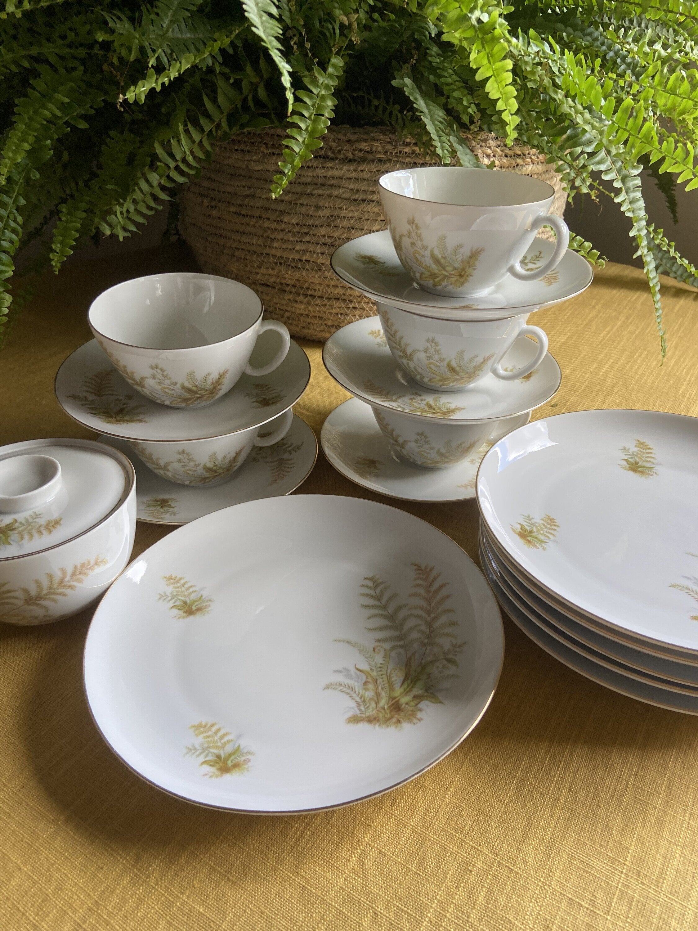 5 tazas de té/desayuno y 6 platos de merienda en porcelana suiza "Langenthal"