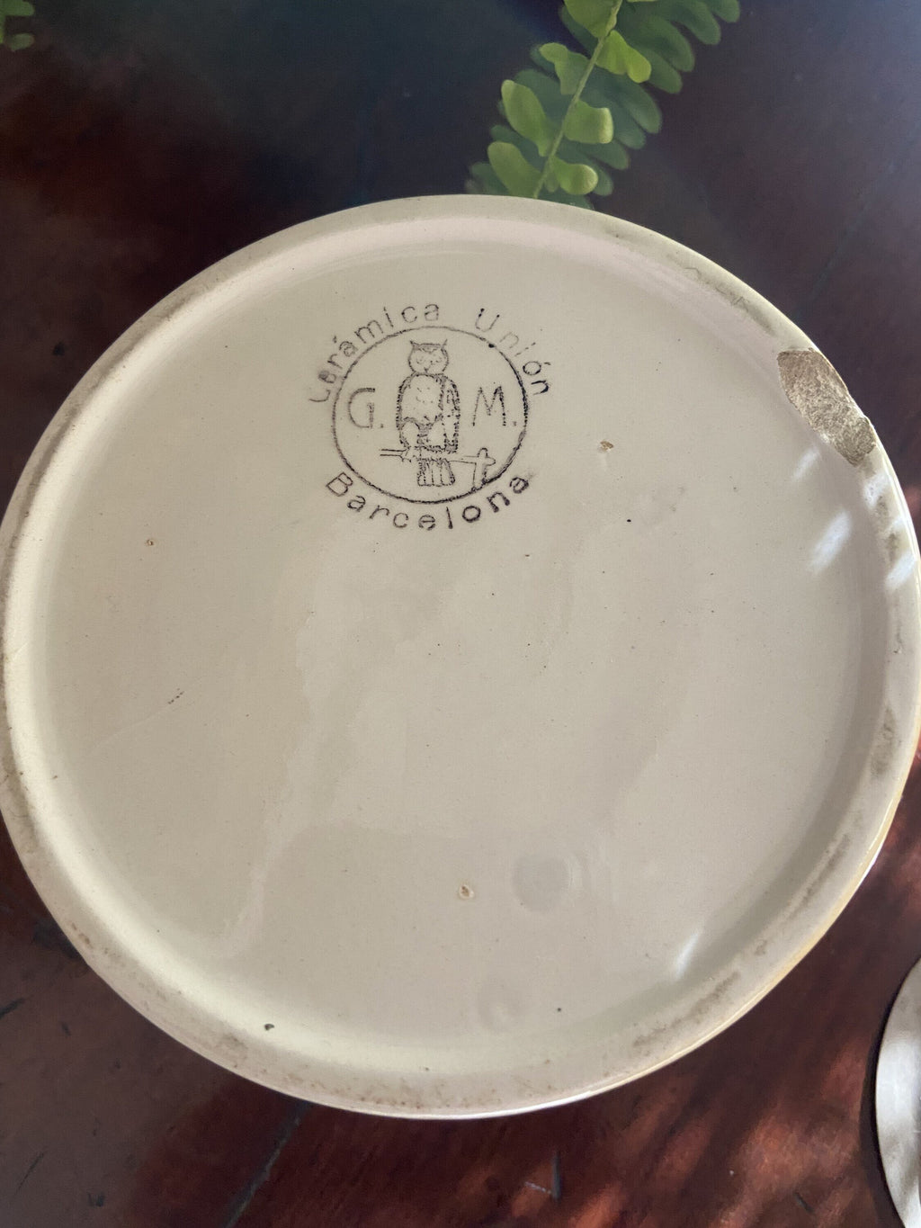azucarero en loza con asa y tapa de metal "Cerámica Unión" Barcelona.