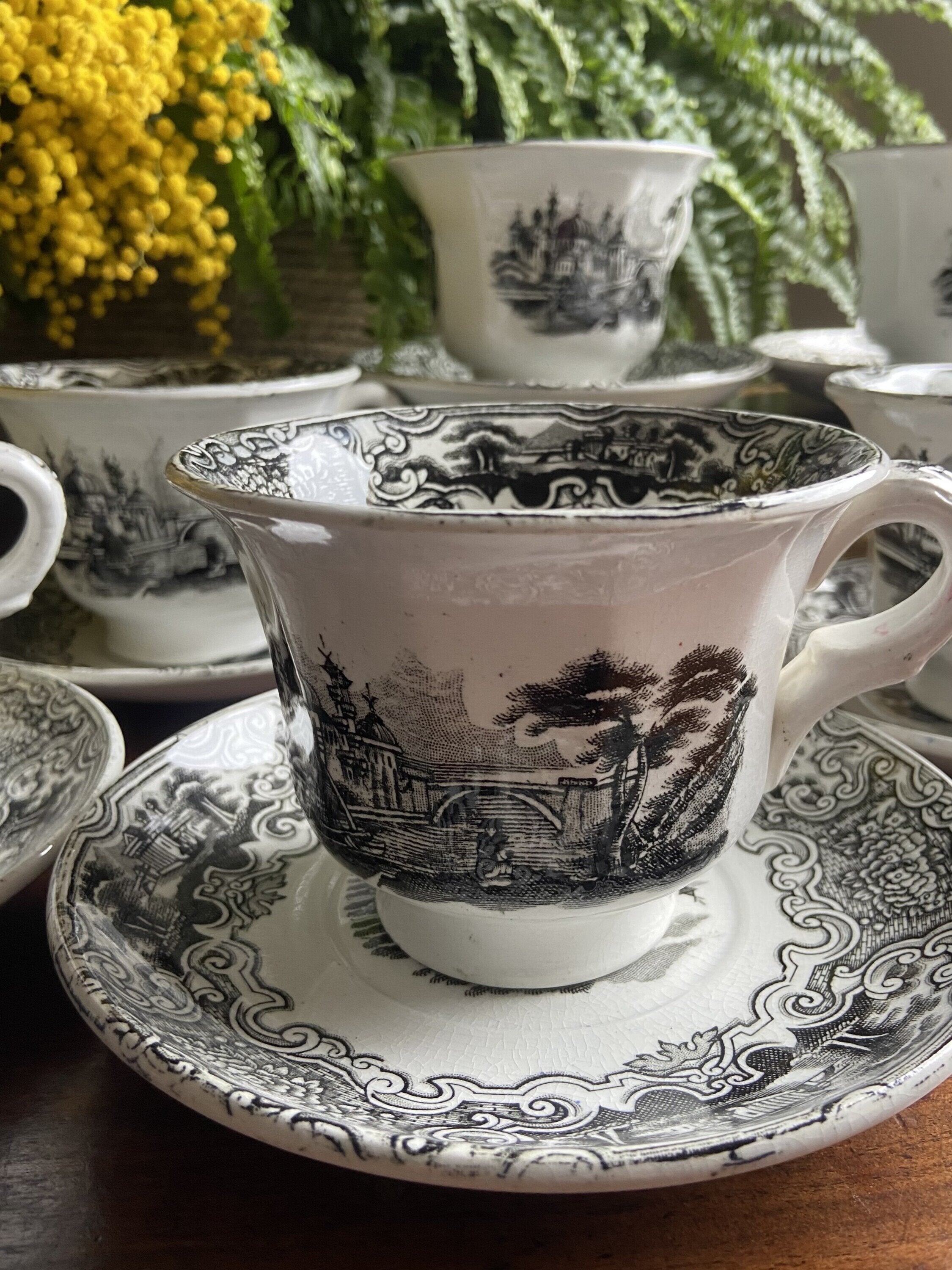 6 tazas de desayuño en loza "Pickman S.A. Sevilla" Cartuja