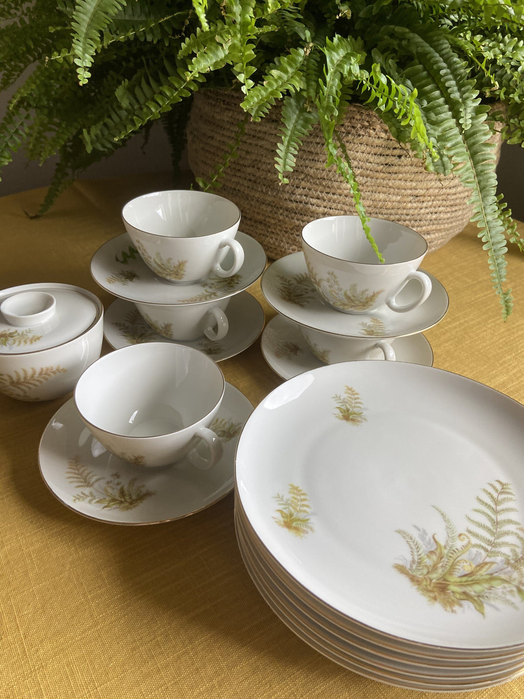 5 tazas de té/desayuno y 6 platos de merienda en porcelana suiza "Langenthal"