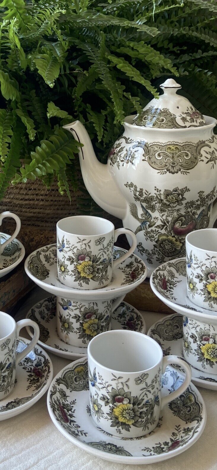 Cafetera y 8 tazas de café con plato en loza inglesa "Ridgway" (mod. Windsor).