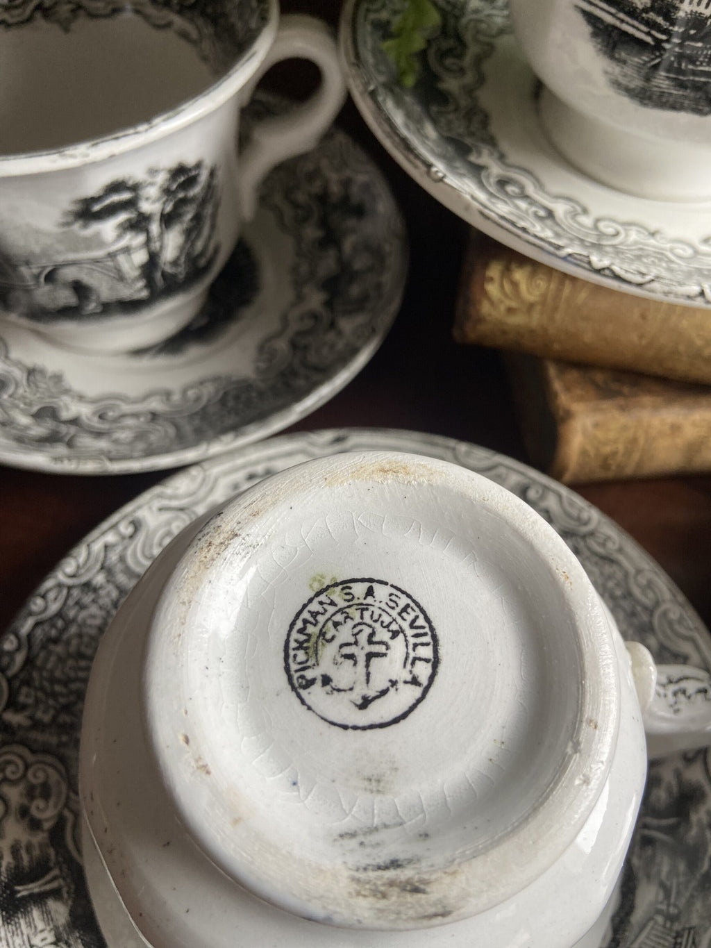 6 tazas de desayuño en loza "Pickman S.A. Sevilla" Cartuja