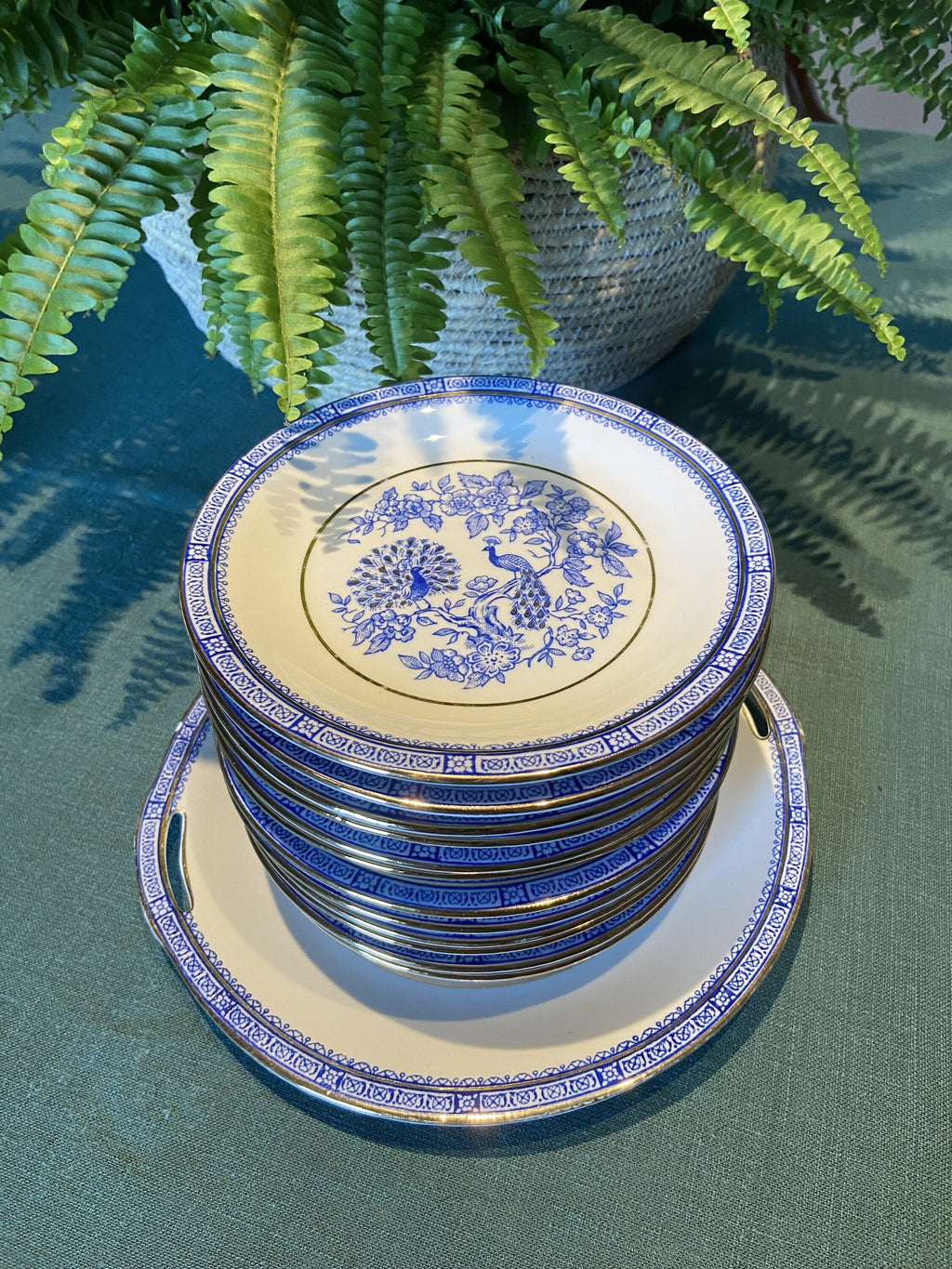 Fuente redonda  y 12 platos pastas en porcelana "Ollestac"