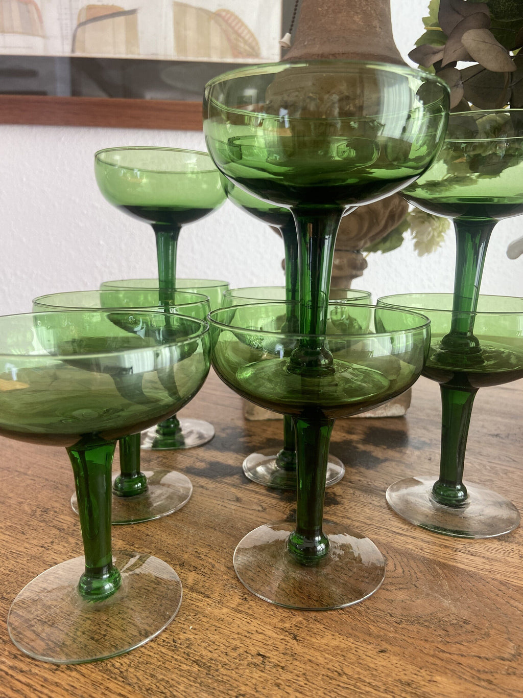 10 copas en vidrio verde