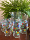 Jarra y 6 vasos de refresco en vidrio pintados a mano