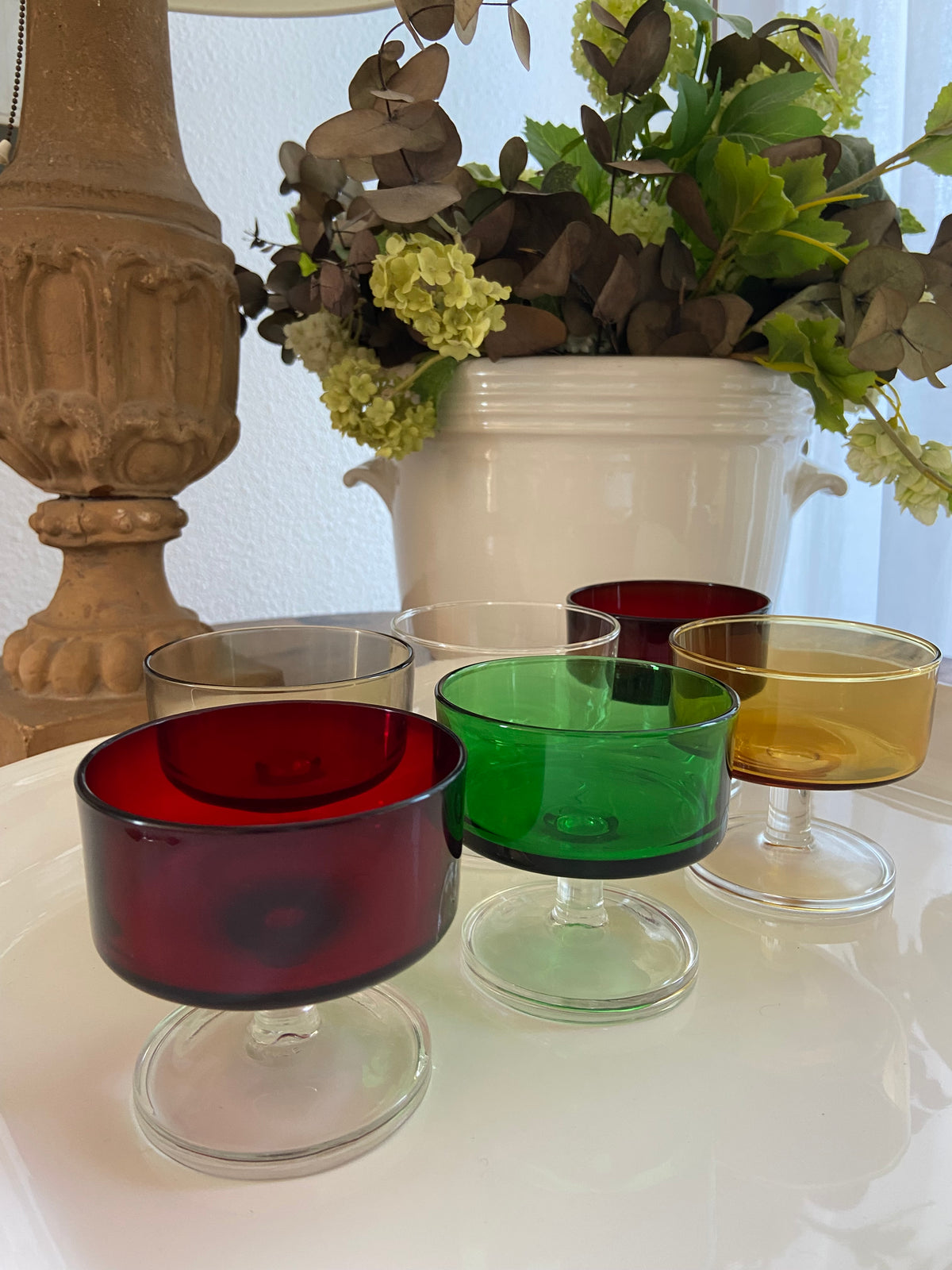 6 copas de cava/postres en vidrio francés de diferentes colores
