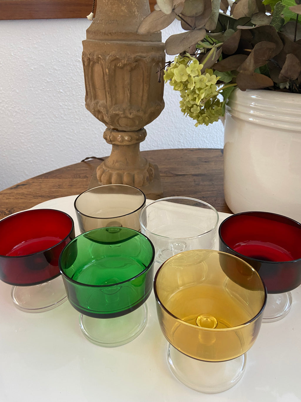 6 copas de cava/postres en vidrio francés de diferentes colores