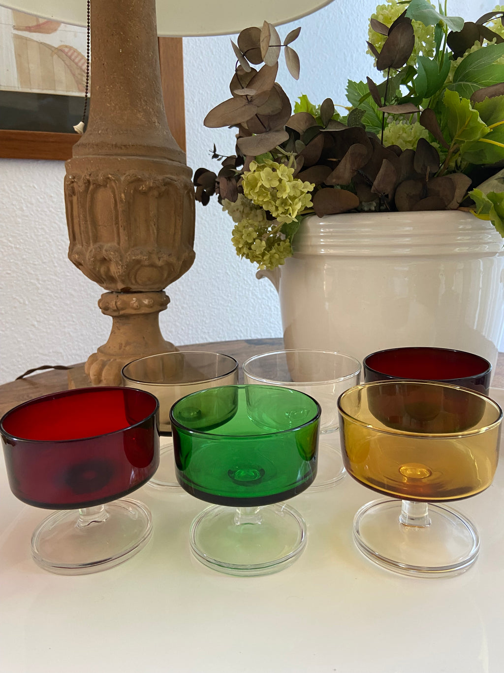 6 copas de cava/postres en vidrio francés de diferentes colores