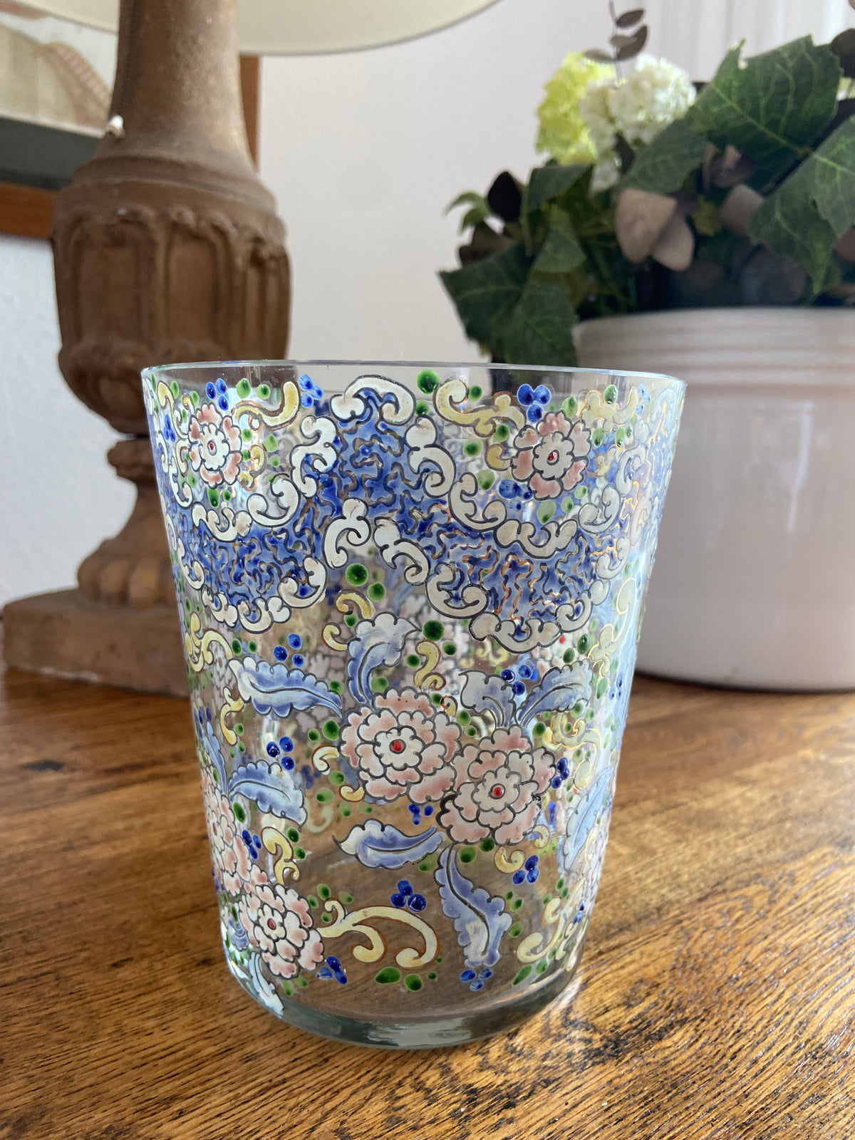 Vaso grande/florero en cristal pintado a amano.