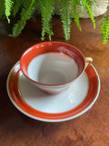 Taza desayuno en porcelana blanca con franja color terracota