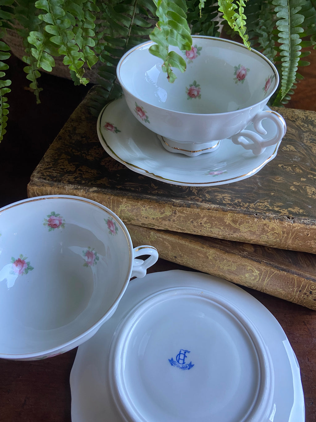 Pareja de tazas té/desayuno en porcelana "Hispania", Manises Valencia
