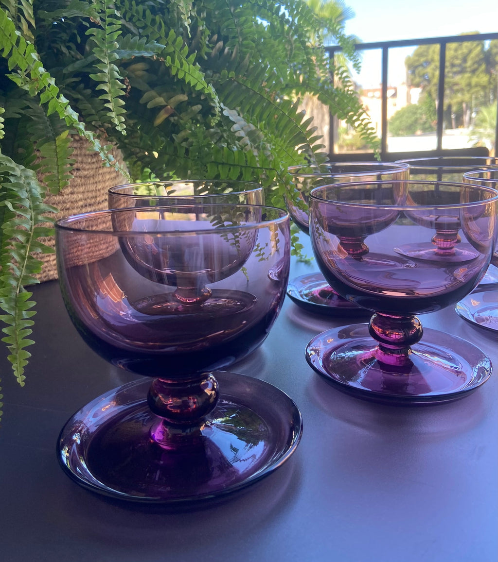6 copas en vidrio para postres color malva