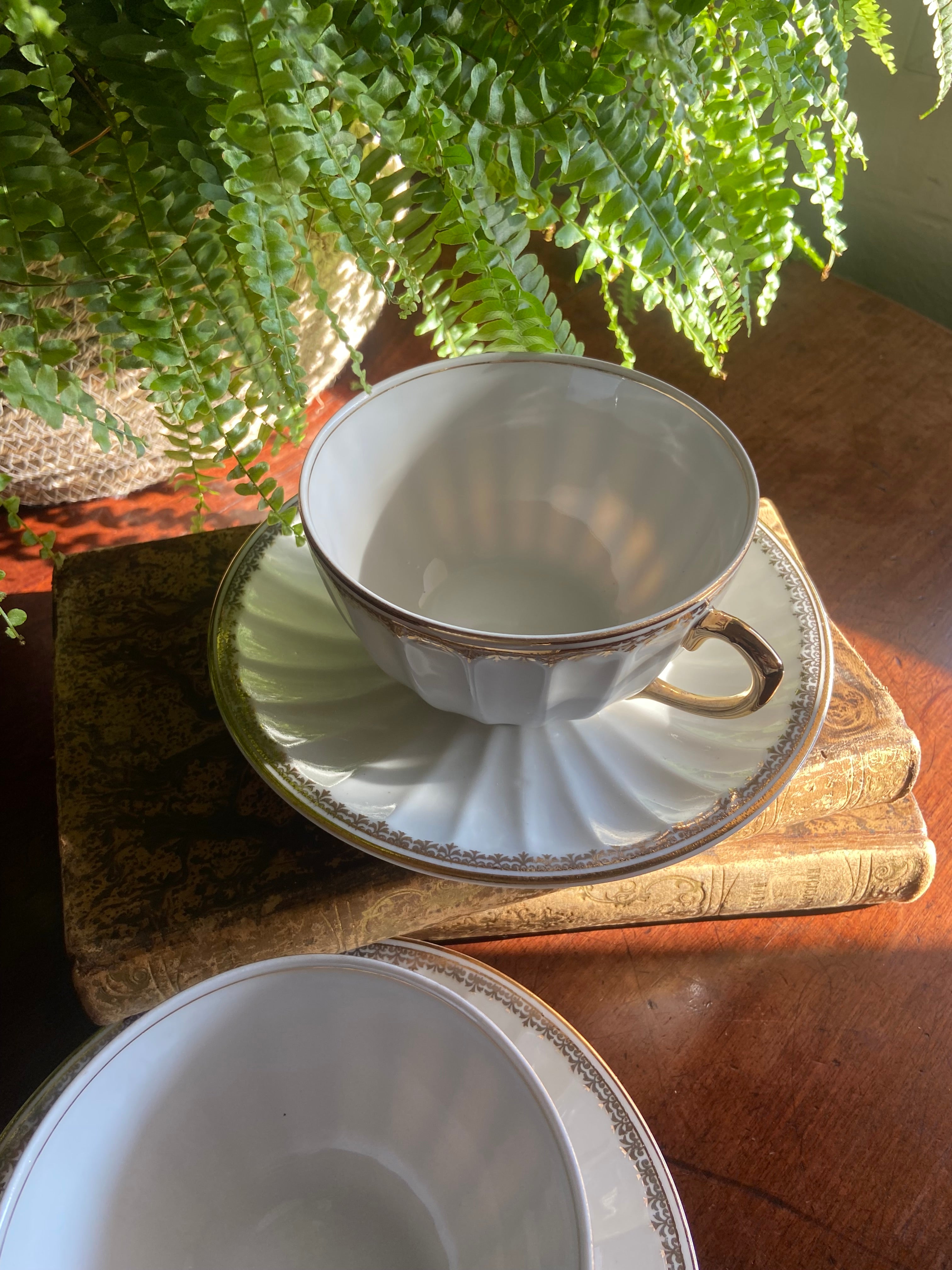 Pareja de tazas de desayuño en porcelana "La pajarita" Manofacturas cerámicas, en Barcelona.