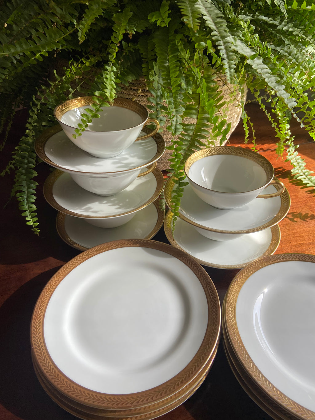 5 tazas de té con plato y 6 platos de merienda en porcelana "Bidasoa".