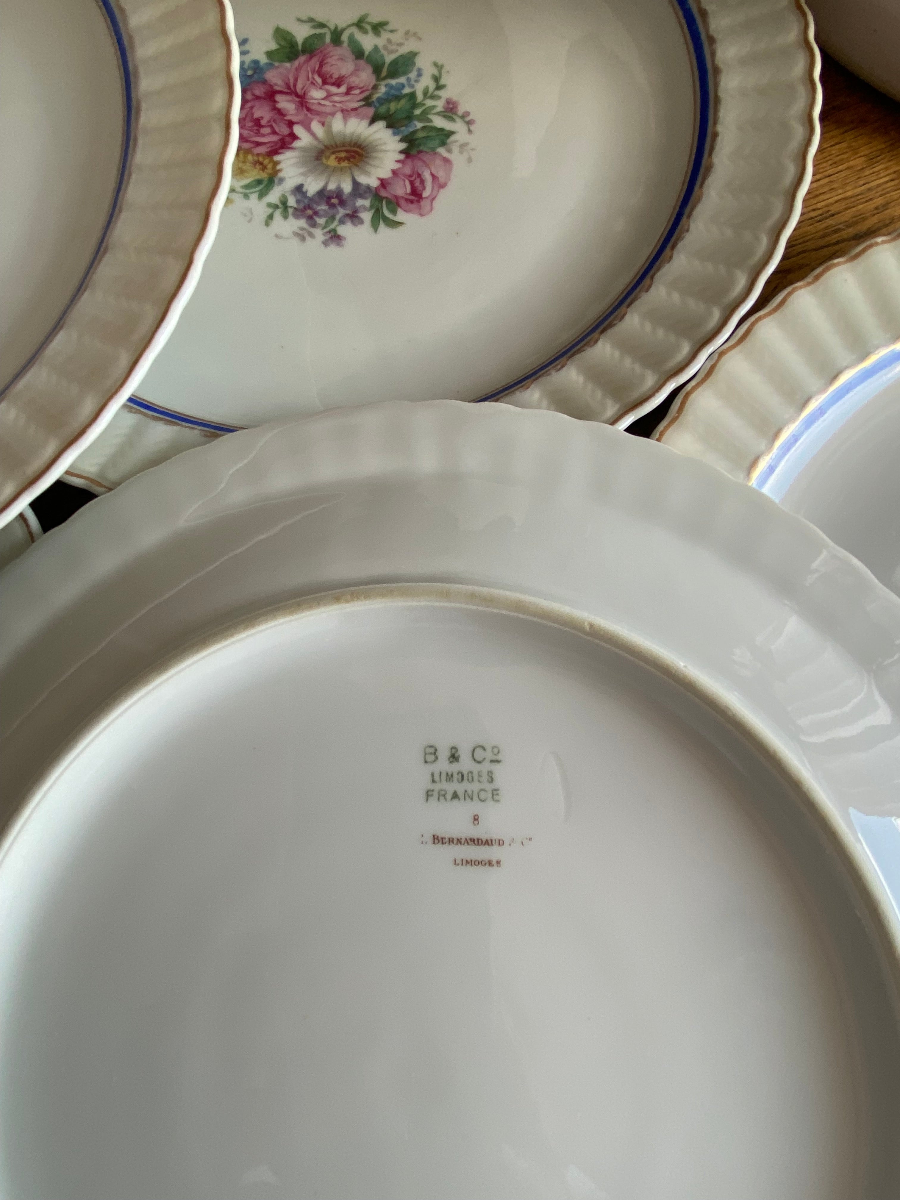 6 platos llanos en porcelana francesa de Limoges "Bernardaud & Cia"