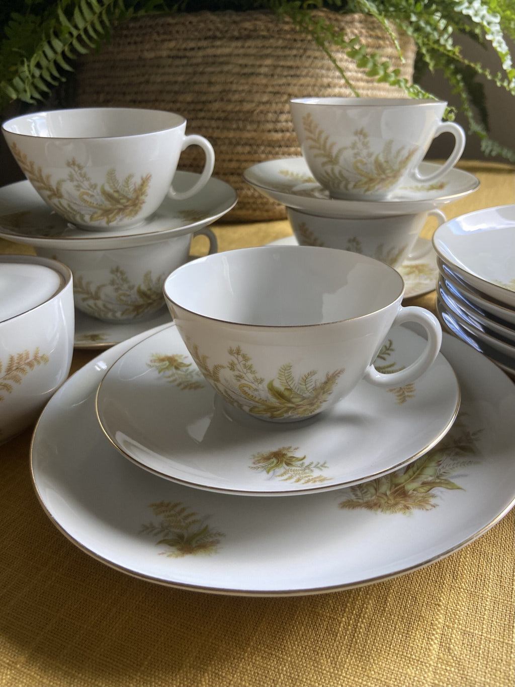 5 tazas de té/desayuno y 6 platos de merienda en porcelana suiza "Langenthal"