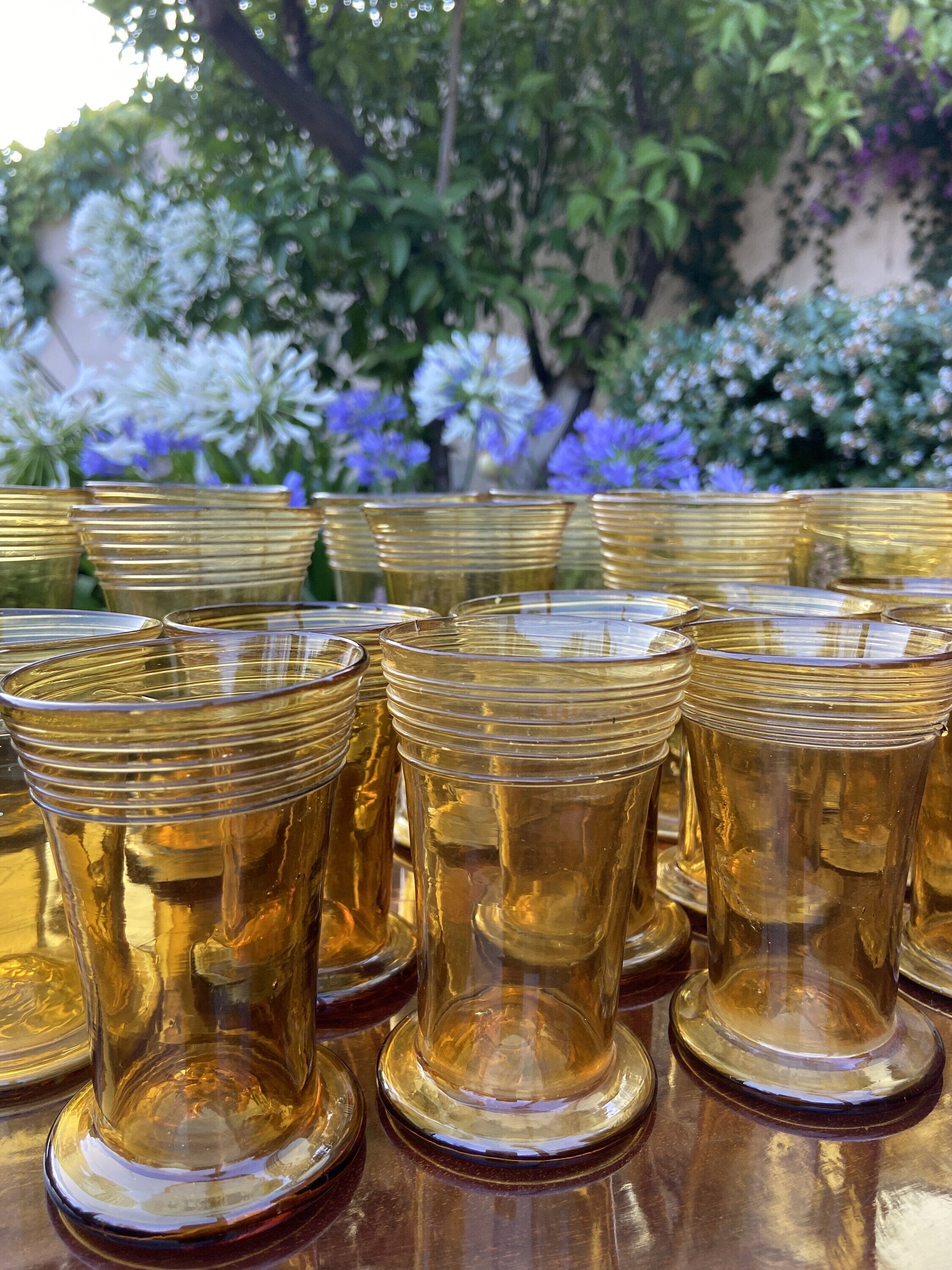 8 vasos agua/8 vasos vino mallorquin "Gordiola", soplado a mano.