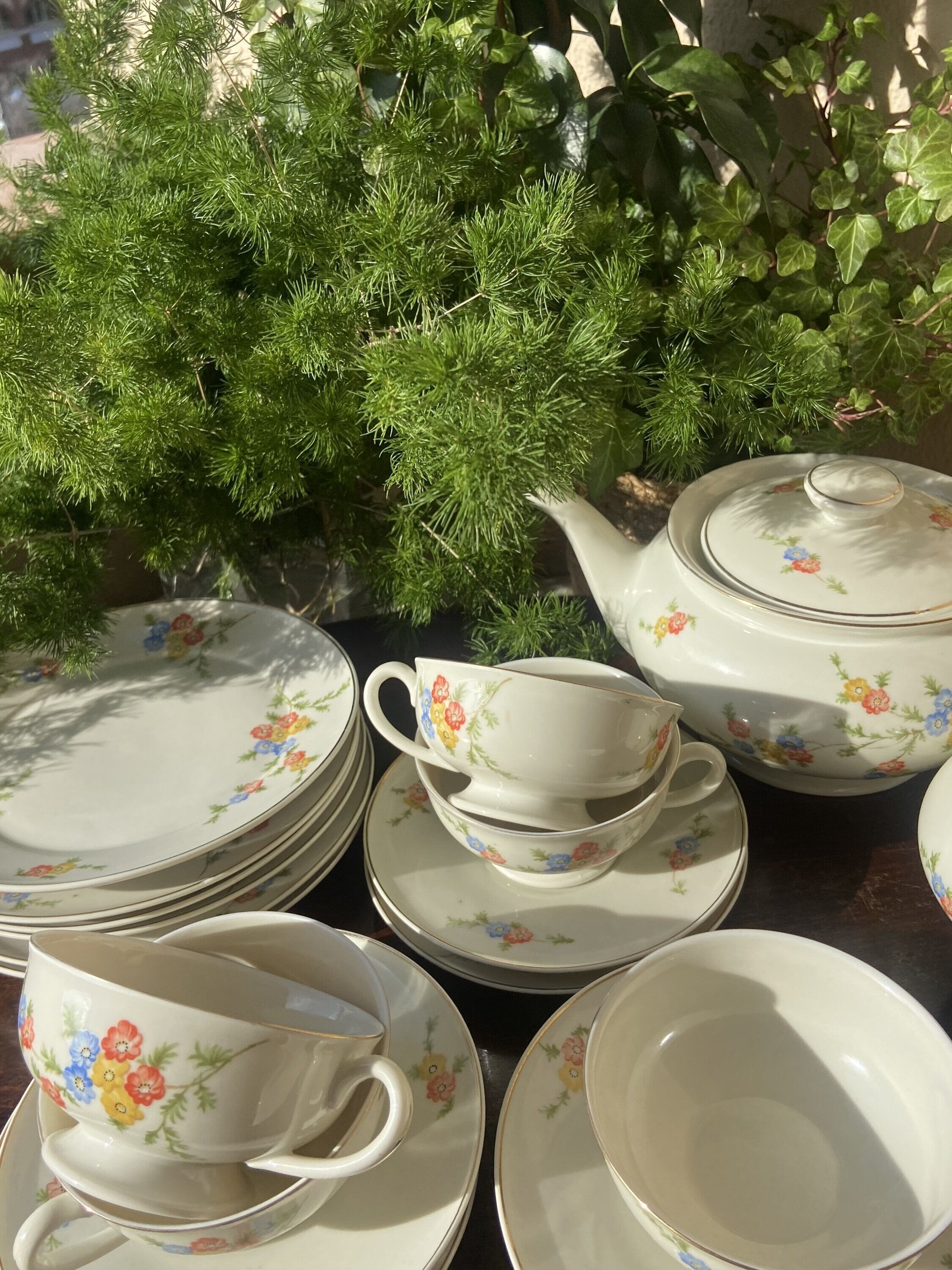 Juego de té y 6 platos de merienda en porcelana suiza "Langenthal"