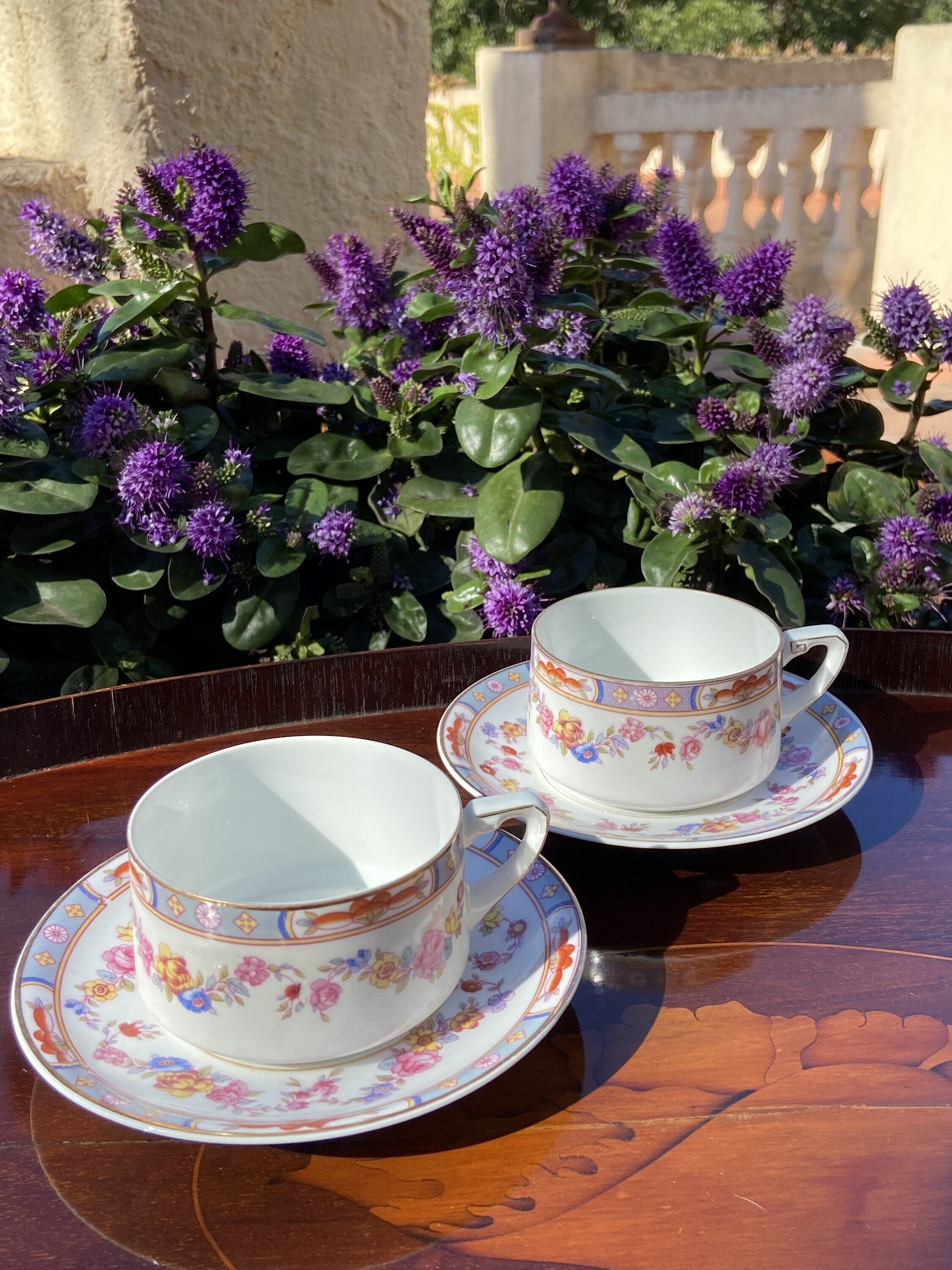 Pareja de tazas con plato en fina porcelana alemana "Schönwald".