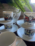 6 tazas de café en porcelana con dibujos de coches antiguos.