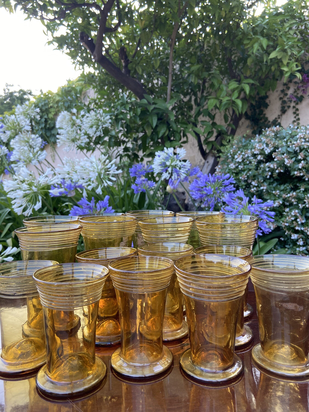 8 vasos agua/8 vasos vino mallorquin "Gordiola", soplado a mano.