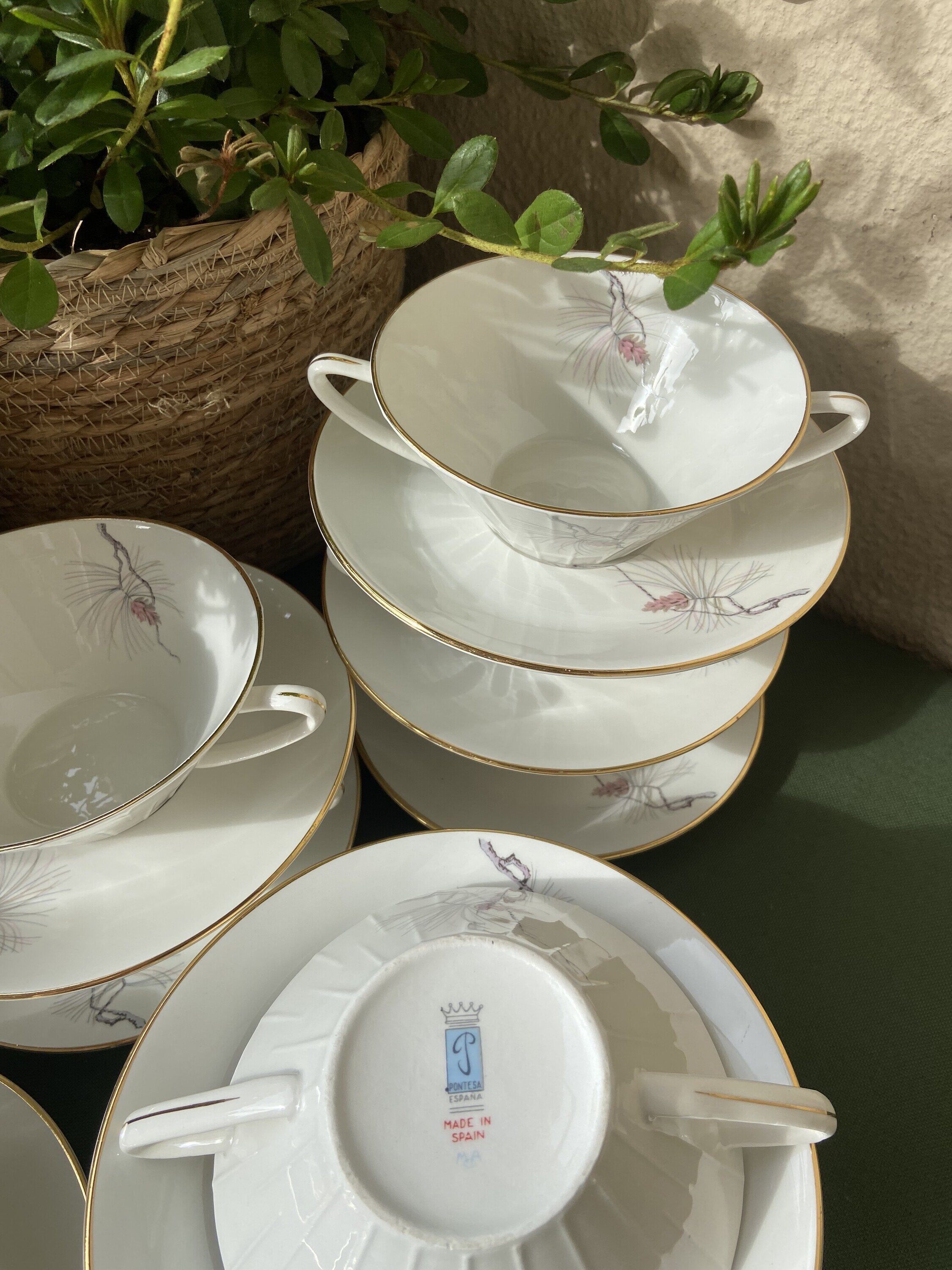 8 tazas de consomé en loza "Pontesa"